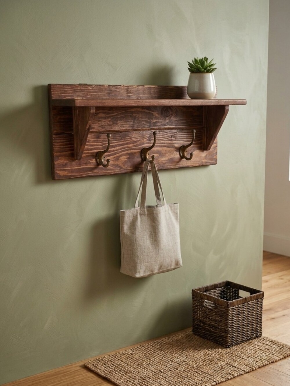 Rustic Wooden Wall Shelf with Cast Iron Hooks - Brown